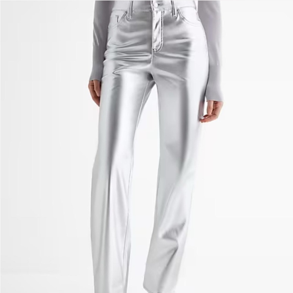 Express Shimmering Shinny Silver High Rise Straight Leg Pants 4 Whimsigoth